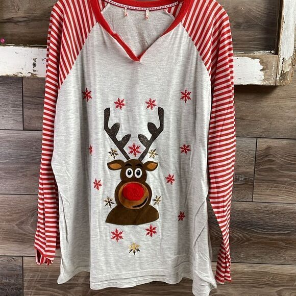 Christmas Reindeer Long Sleeve Pajama Top, Red, White, Grey - Picture 2 of 5
